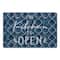 Blue with White The Kitchen is Open Text Floor Mat